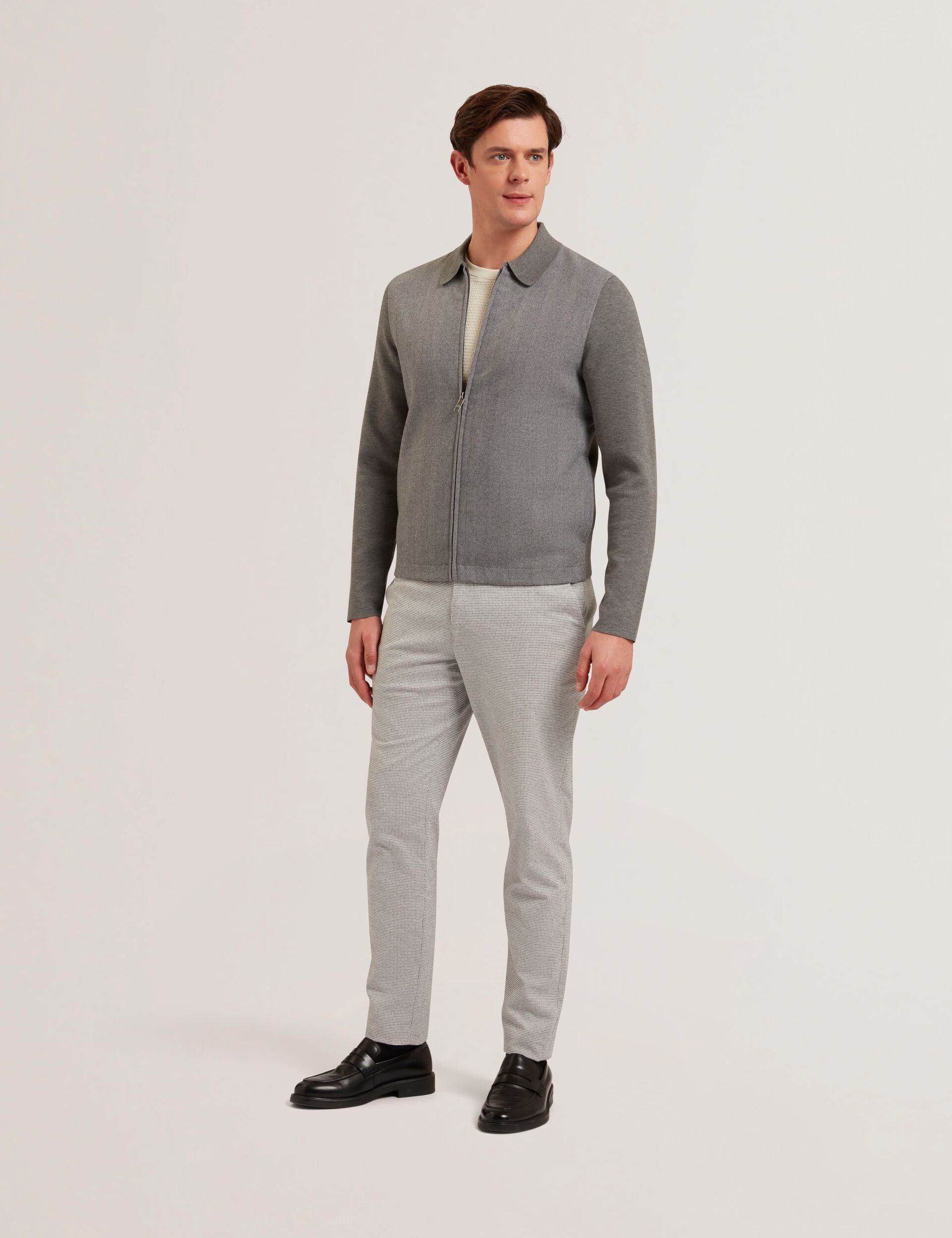 Ted Baker DEJO - Herringbone Wool Blend Zip Up Cardigan GREY