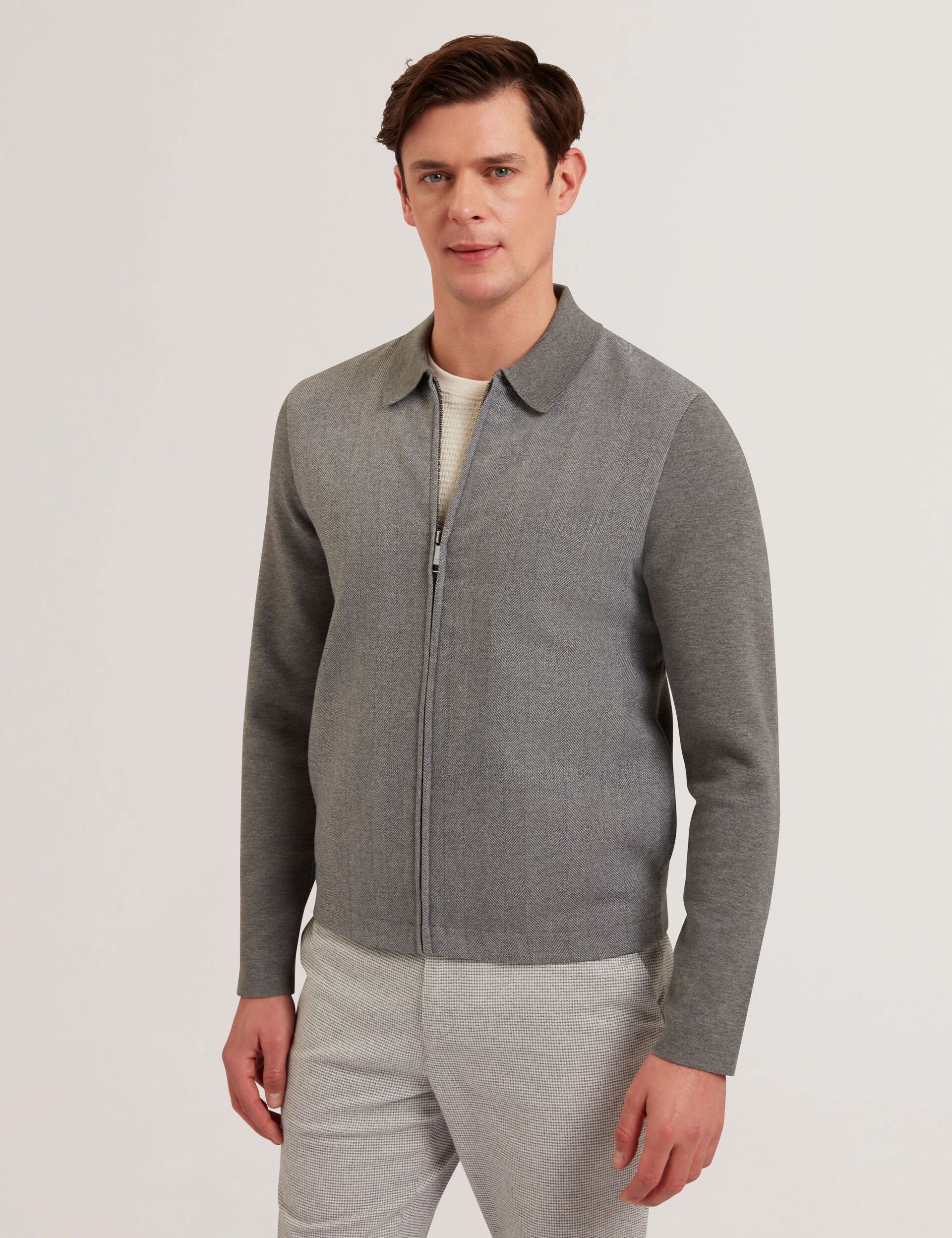 Ted Baker DEJO - Herringbone Wool Blend Zip Up Cardigan GREY