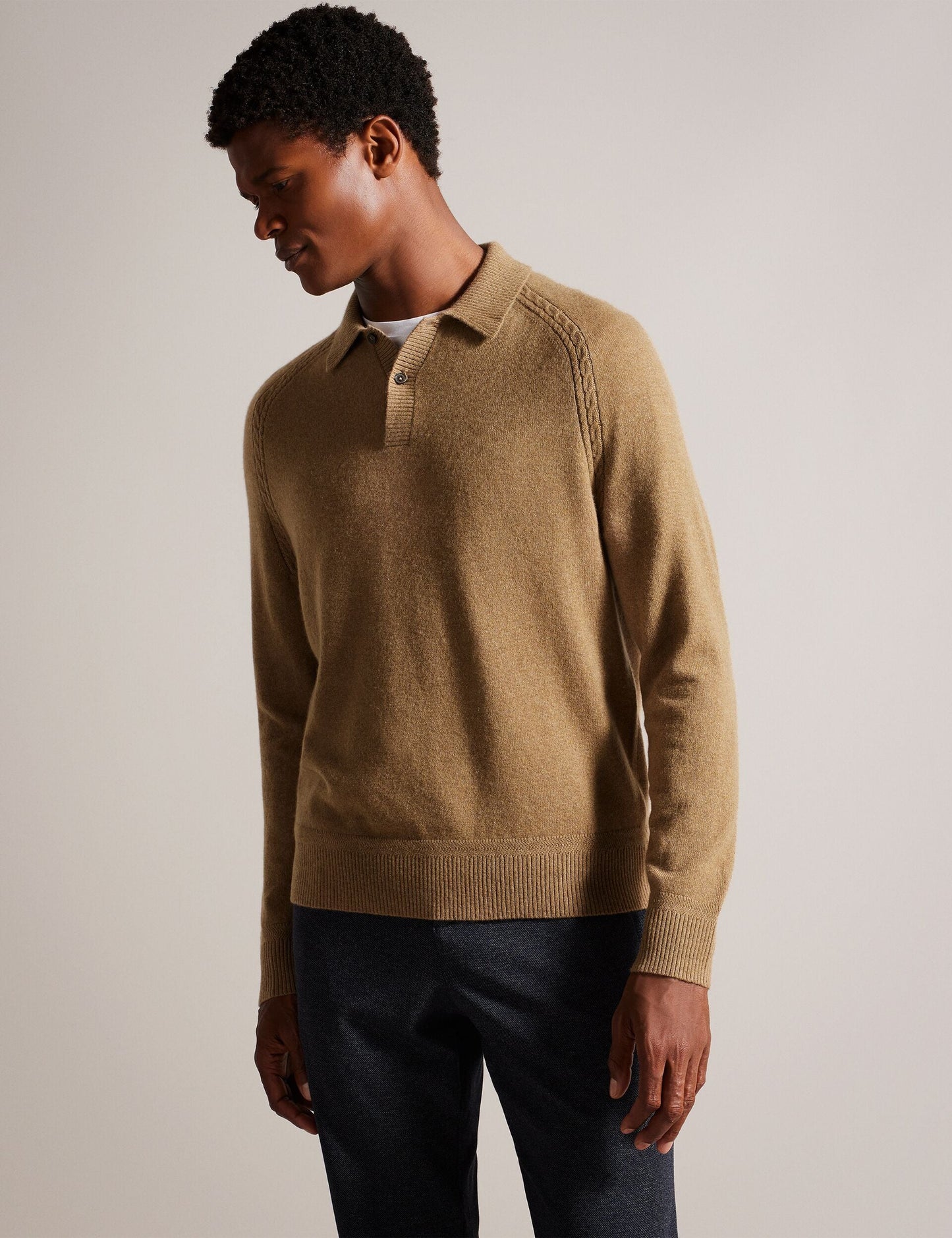 Ted Baker KAROLT - Cashmere Knit Long Sleeve Polo Top DARK BROWN