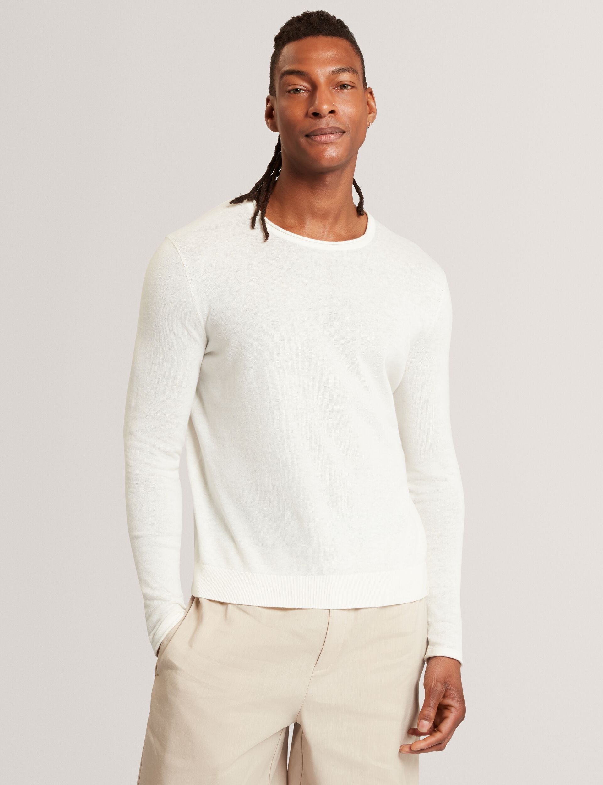Ted Baker YAEN Rolled Edge Linen Blend Crew Neck Jumper WHITE