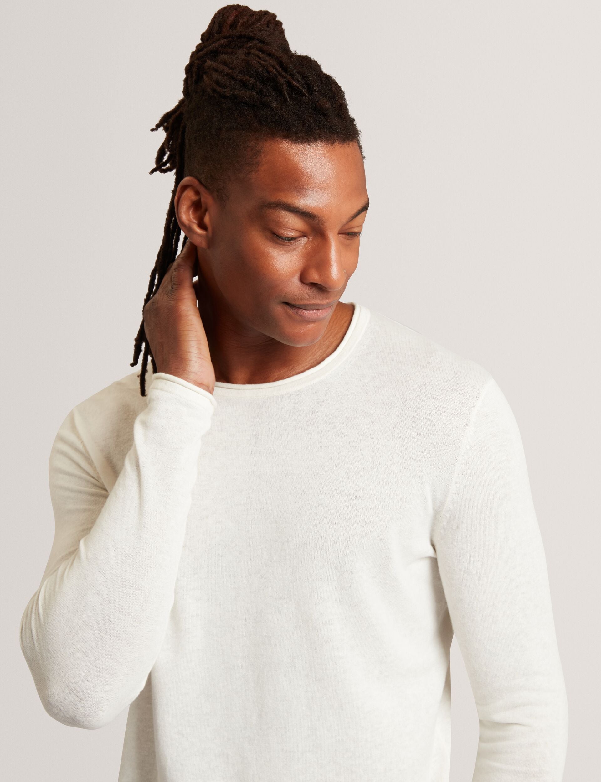 Ted Baker YAEN Rolled Edge Linen Blend Crew Neck Jumper WHITE