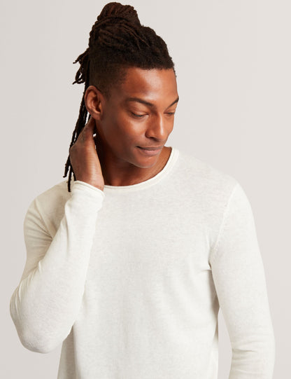 Ted Baker YAEN Rolled Edge Linen Blend Crew Neck Jumper WHITE