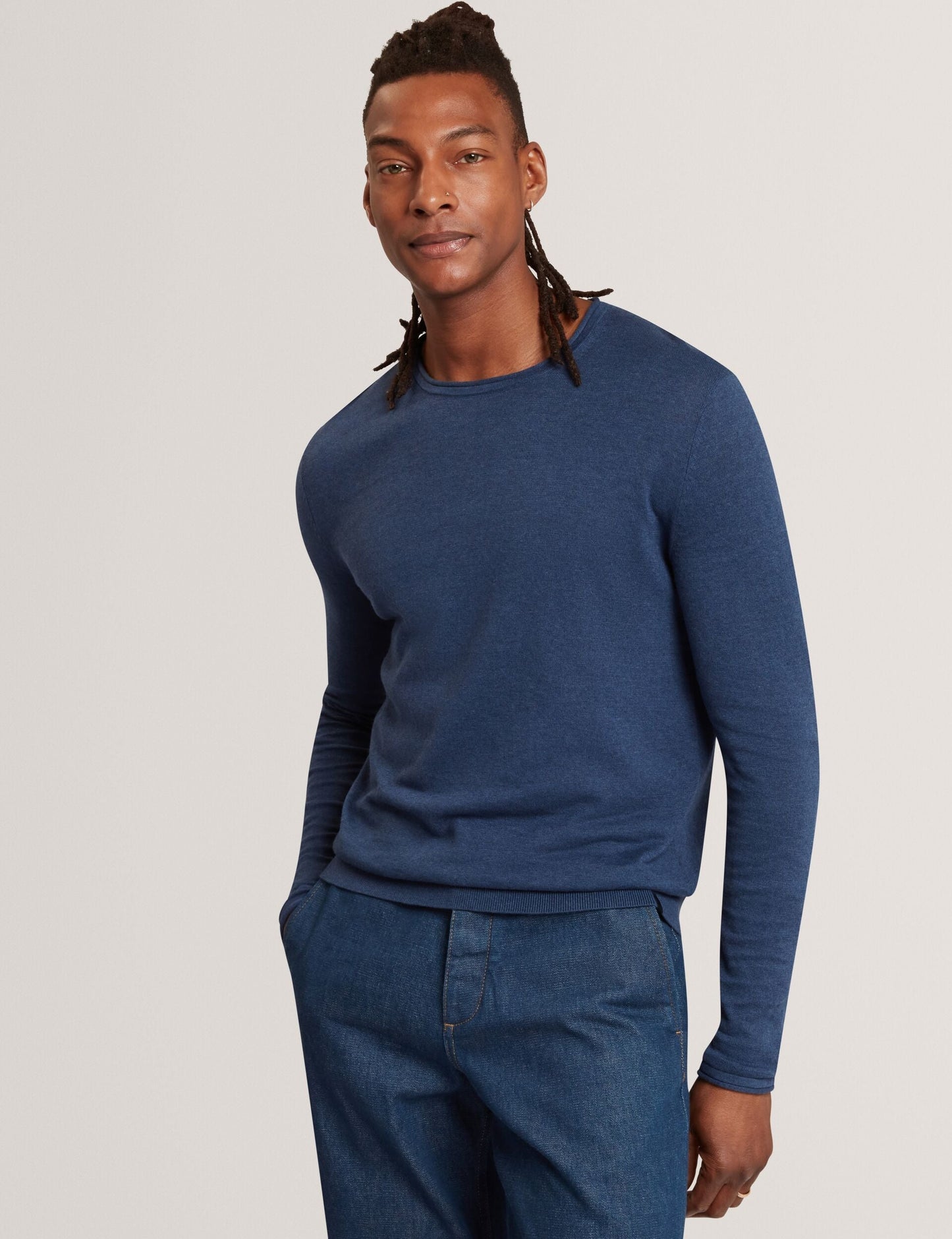 Ted Baker YAEN Rolled Edge Linen Blend Crew Neck Jumper MID NAVY