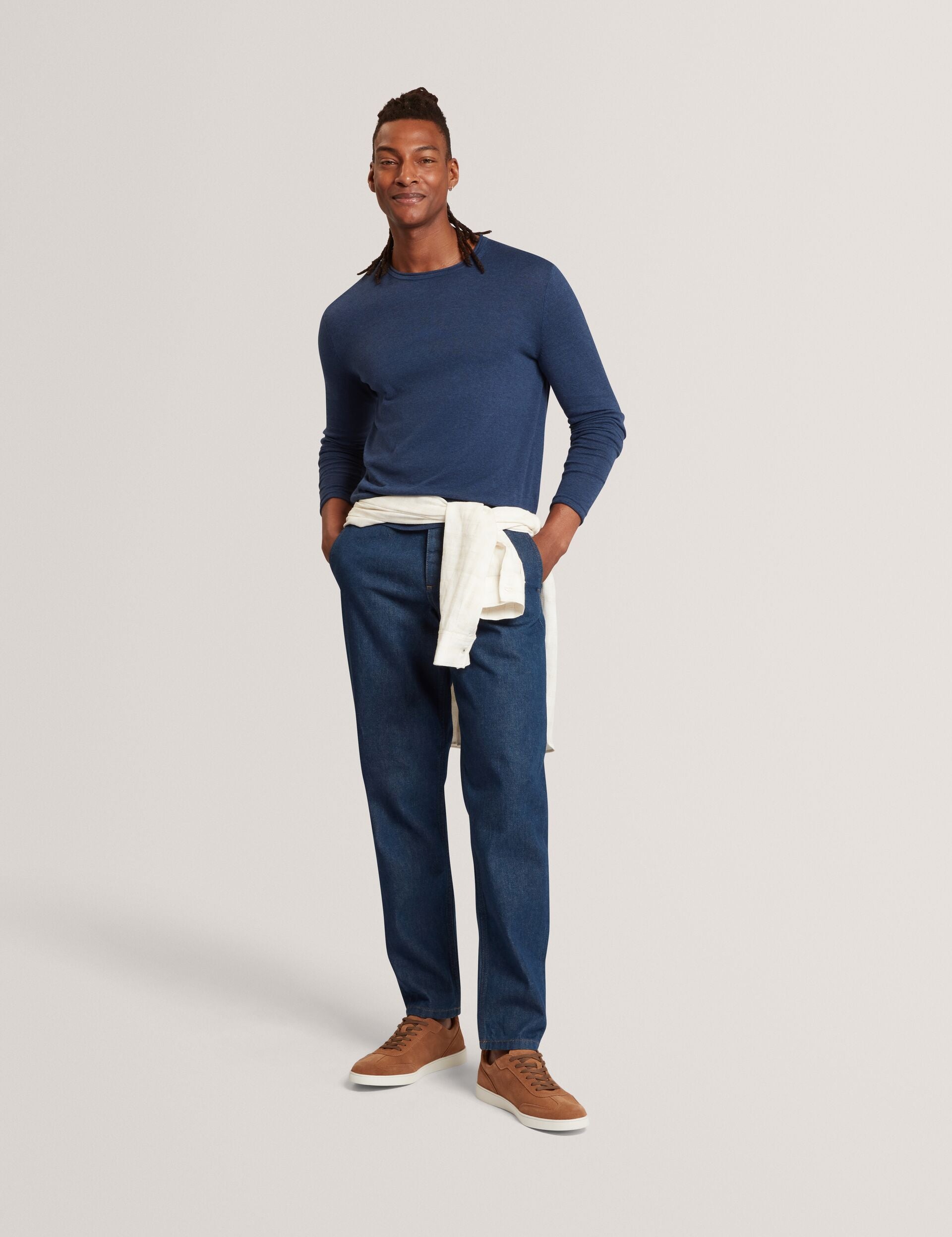 Ted Baker YAEN Rolled Edge Linen Blend Crew Neck Jumper MID NAVY
