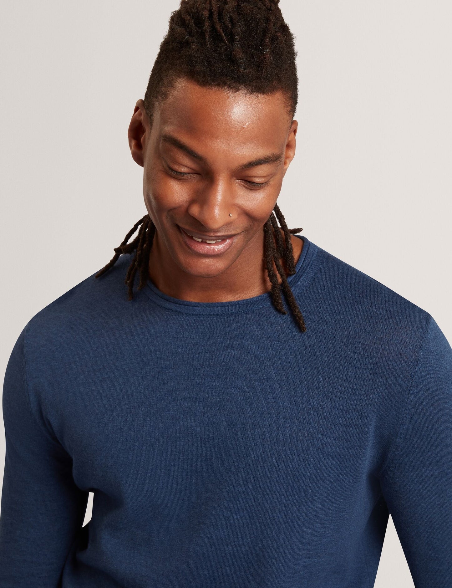 Ted Baker YAEN Rolled Edge Linen Blend Crew Neck Jumper MID NAVY