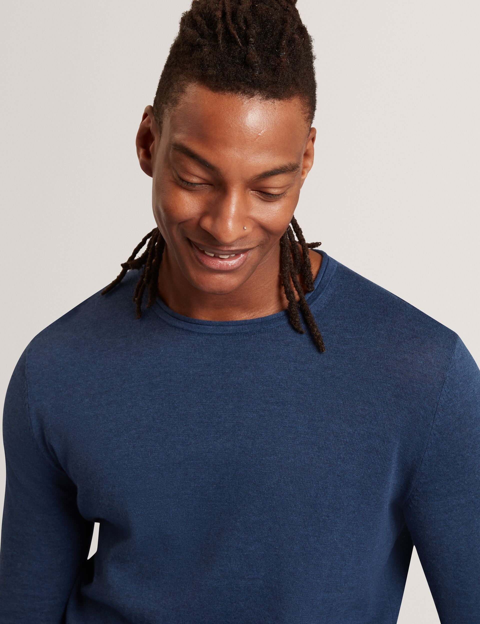 Ted Baker YAEN Rolled Edge Linen Blend Crew Neck Jumper MID NAVY