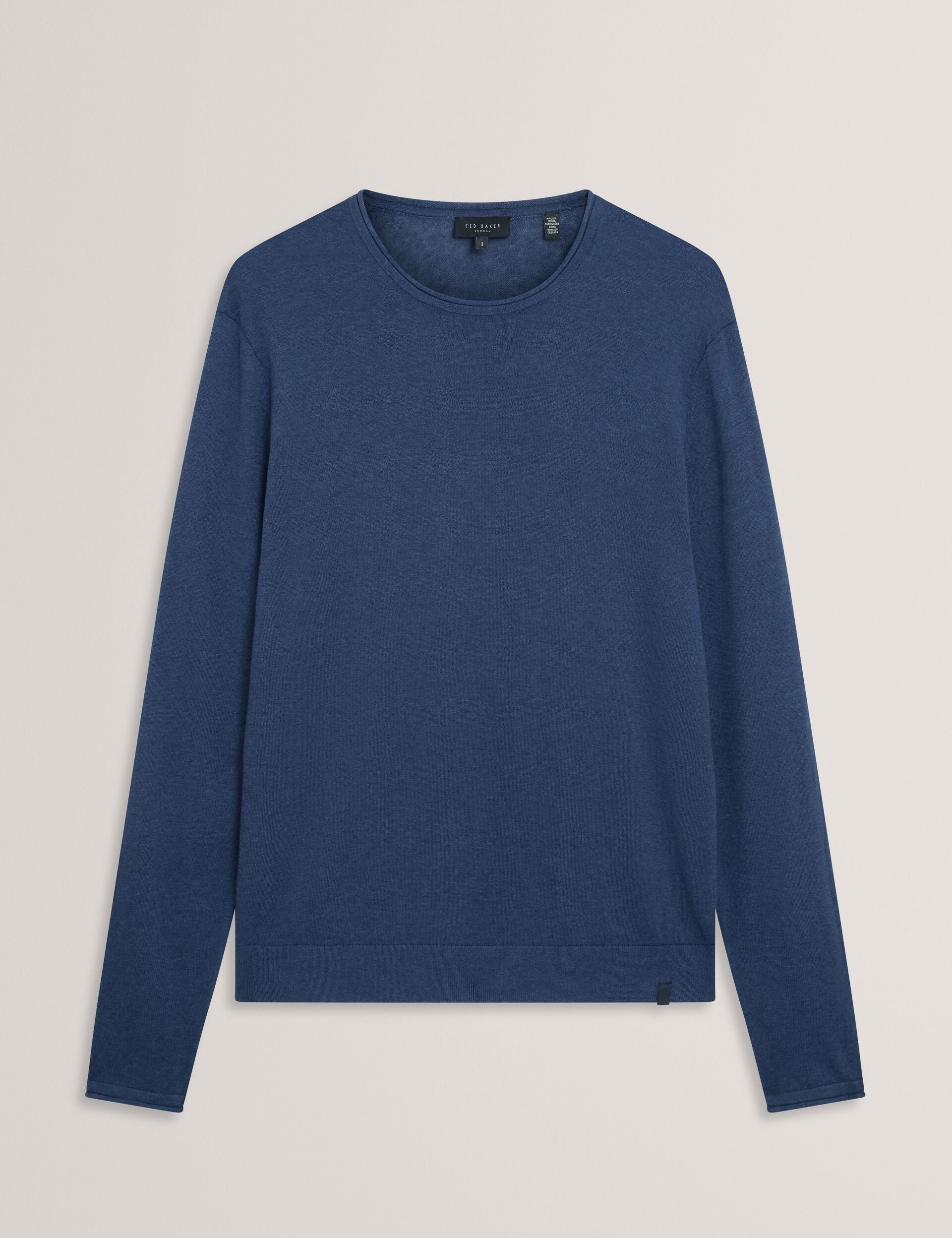Ted Baker YAEN Rolled Edge Linen Blend Crew Neck Jumper MID NAVY