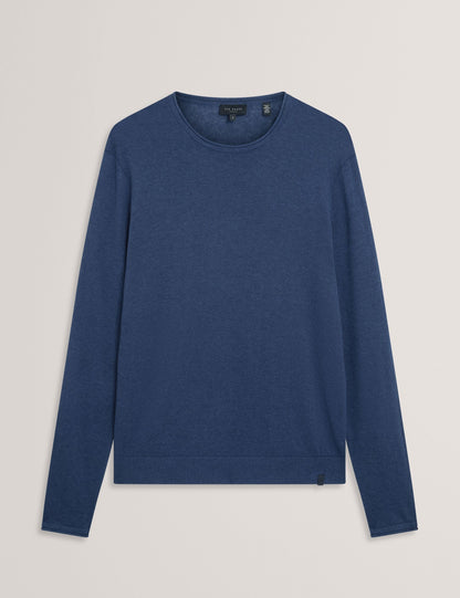 Ted Baker YAEN Rolled Edge Linen Blend Crew Neck Jumper MID NAVY