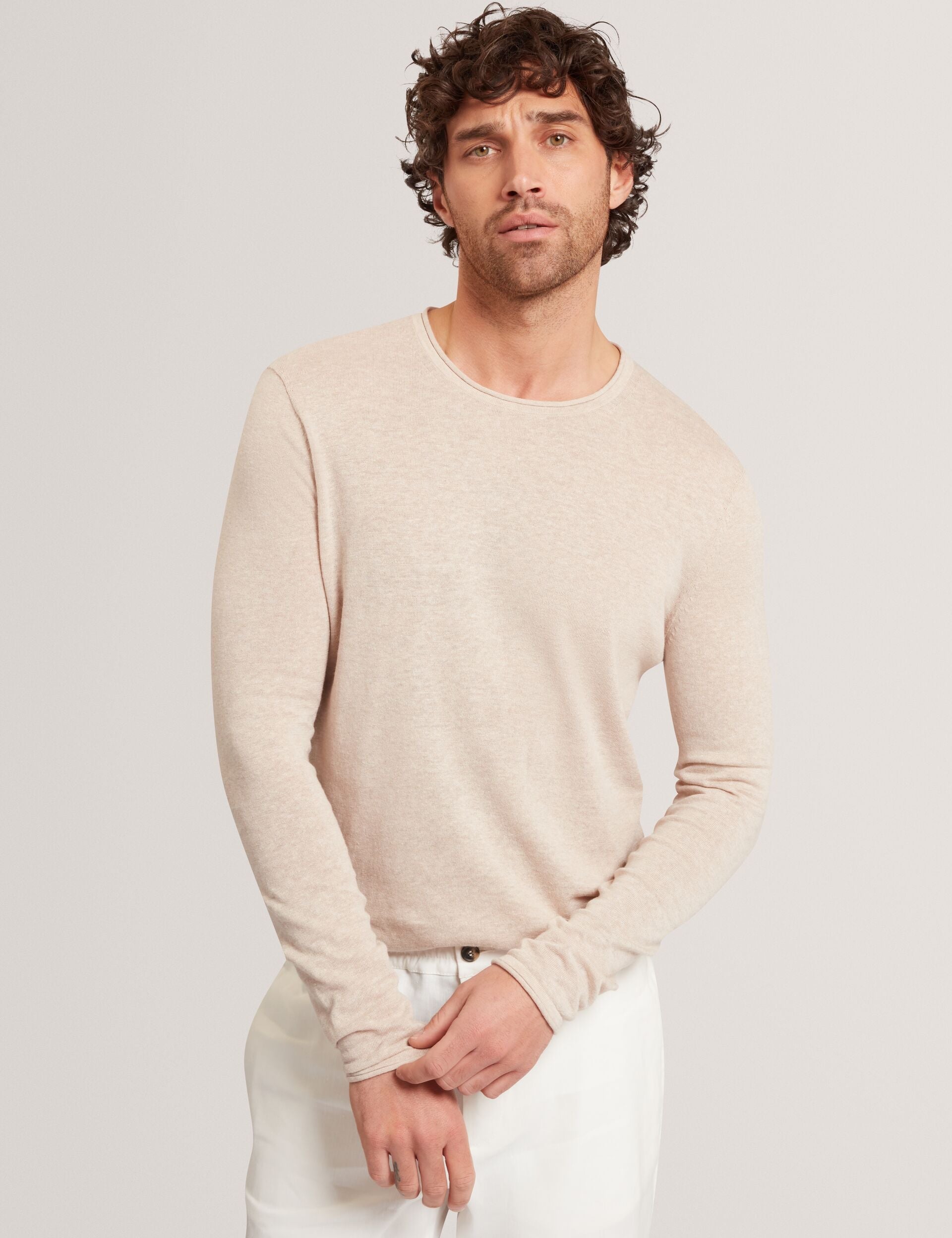 Ted Baker YAEN Rolled Edge Linen Blend Crew Neck Jumper TAUPE