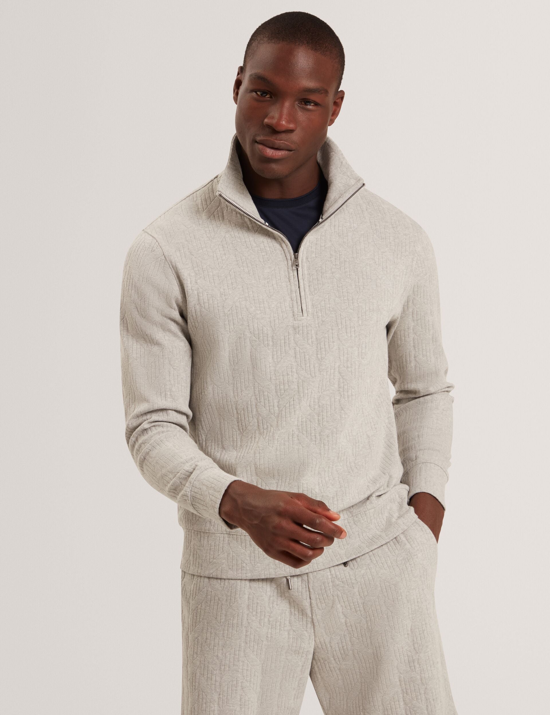 Ted Baker DOUGLES Cable Texture Zip-Neck Sweatshirt LIGHT GREY