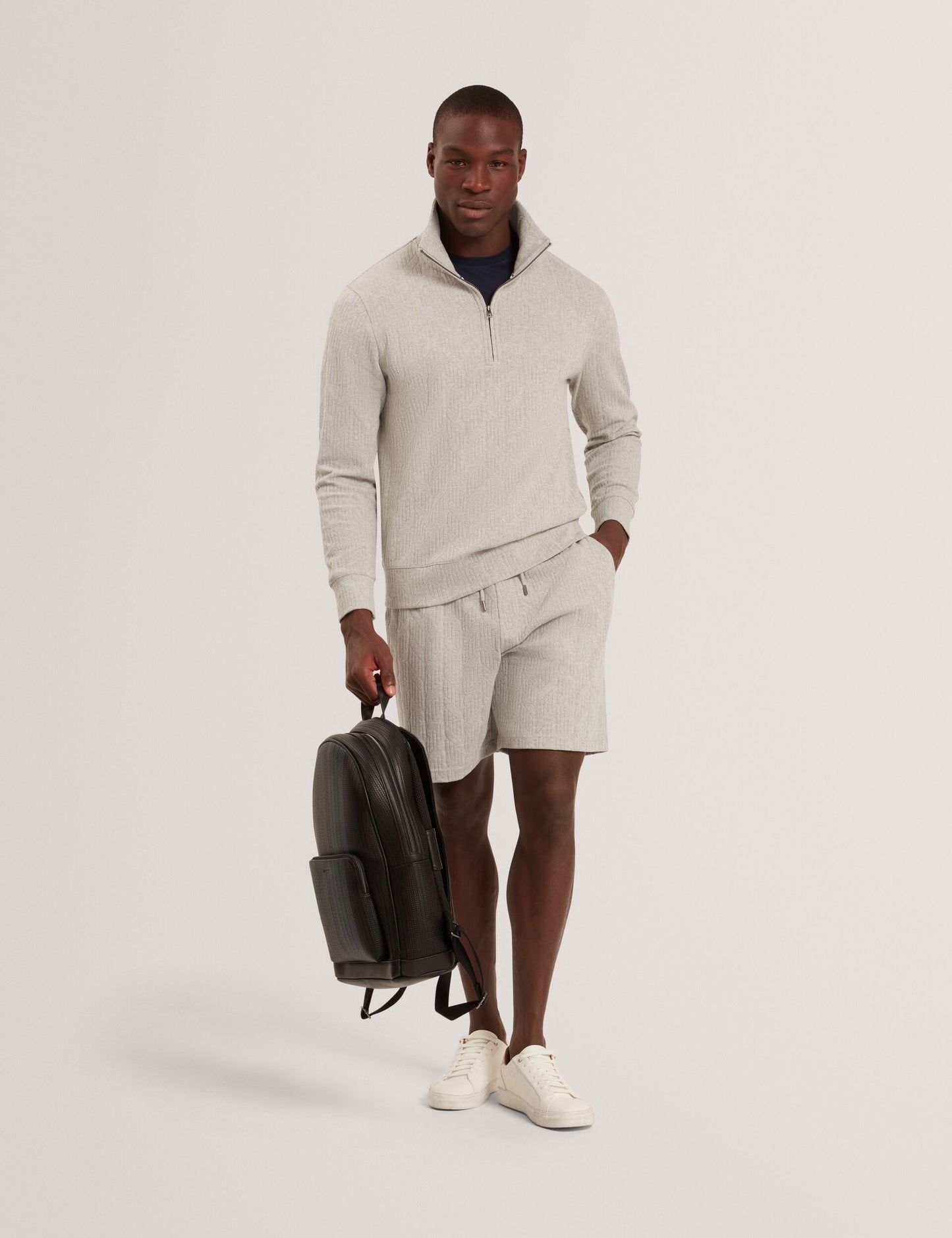 Ted Baker DOUGLES Cable Texture Zip-Neck Sweatshirt LIGHT GREY