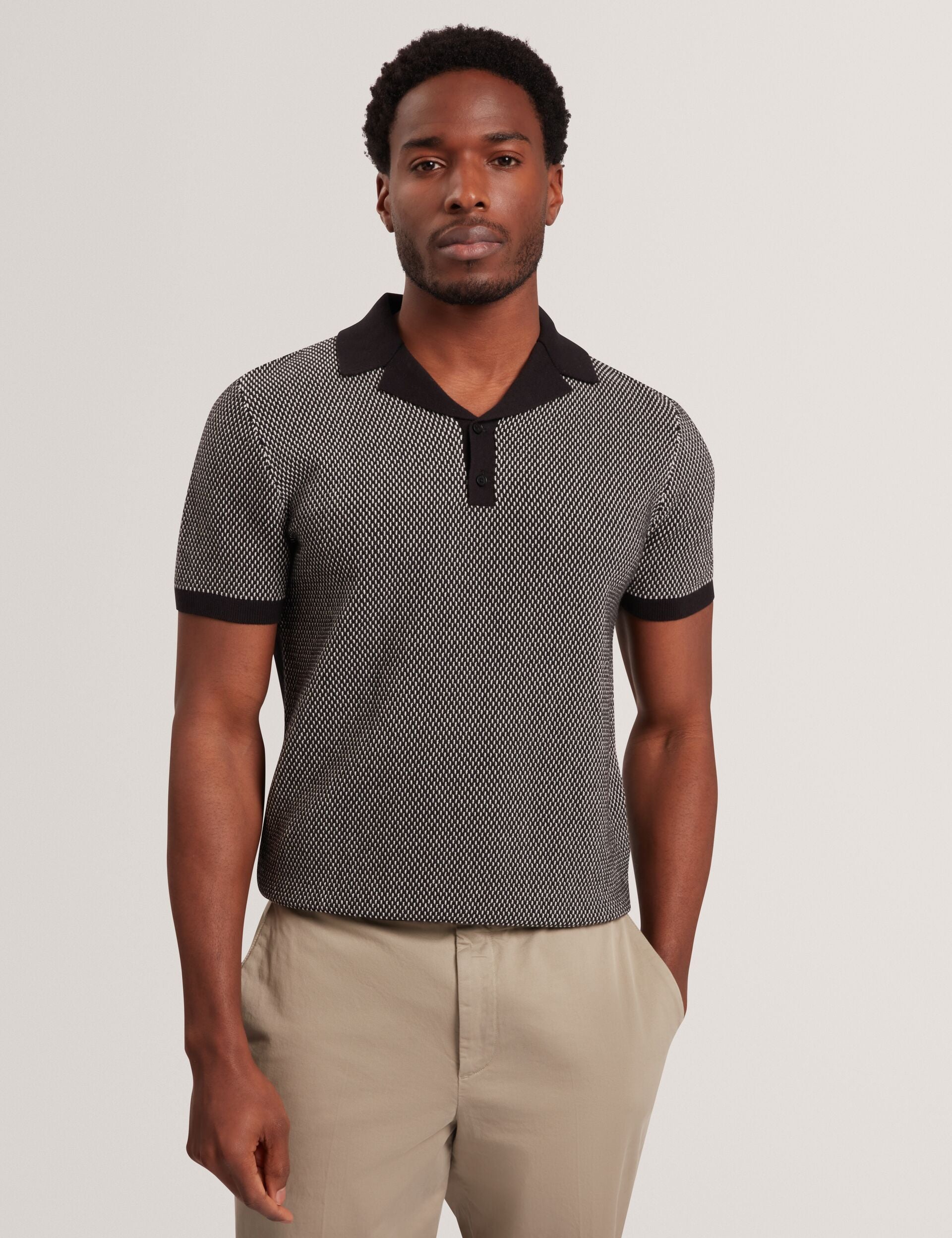 Ted Baker GREGRY Contrast Stitch Knit Cotton Polo Shirt BLACK